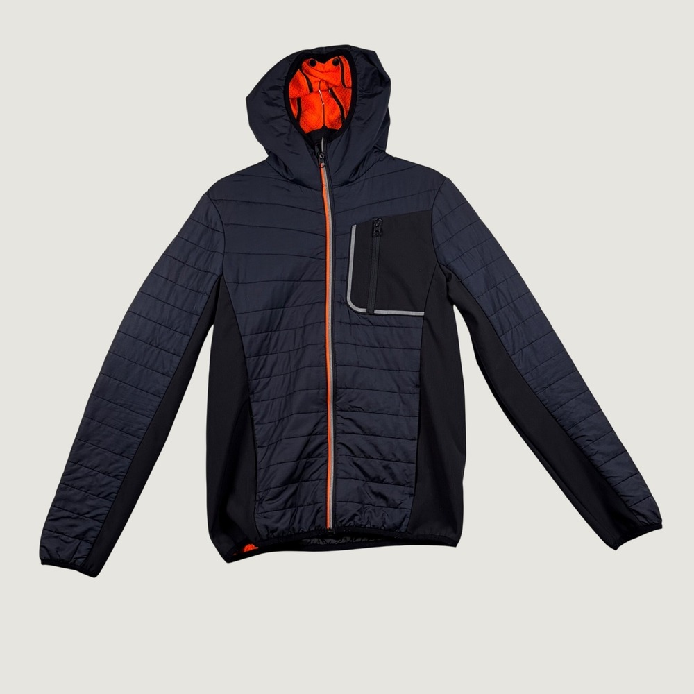 Superdry Hybrid Puffer Jacket Mens S Hooded Quilted Blue Orange Reflective Tech